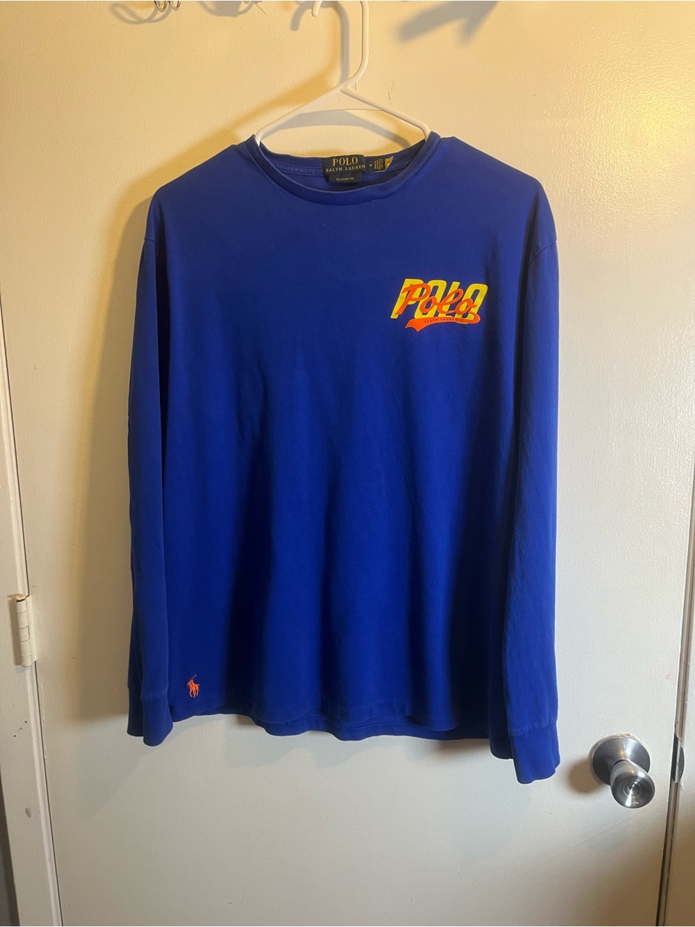 Ralph Lauren Long-Sleeve Graphic Tee in Royal Blue with Yellow/Orange Logo